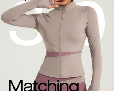Peach Color Yoga Jacket and Nude Sports Top Fitness Suit